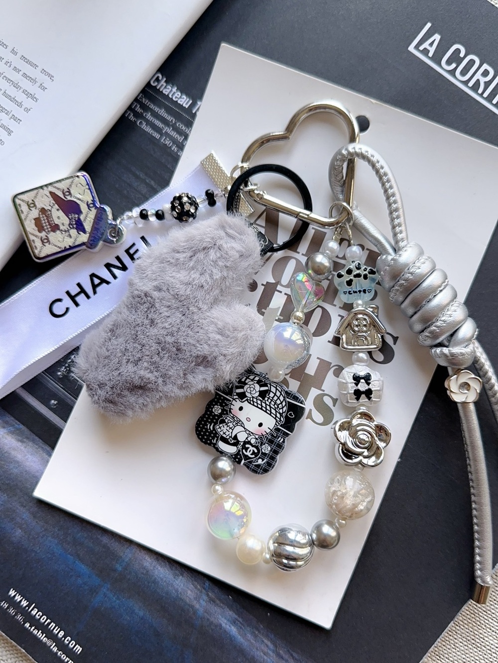 Authentic CC Ribbon with Grey Plush Heart & hello Kitty Charm